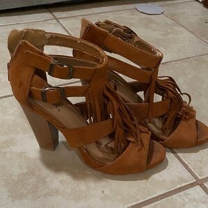 Qupid Brown Fringe Heeled Sandals